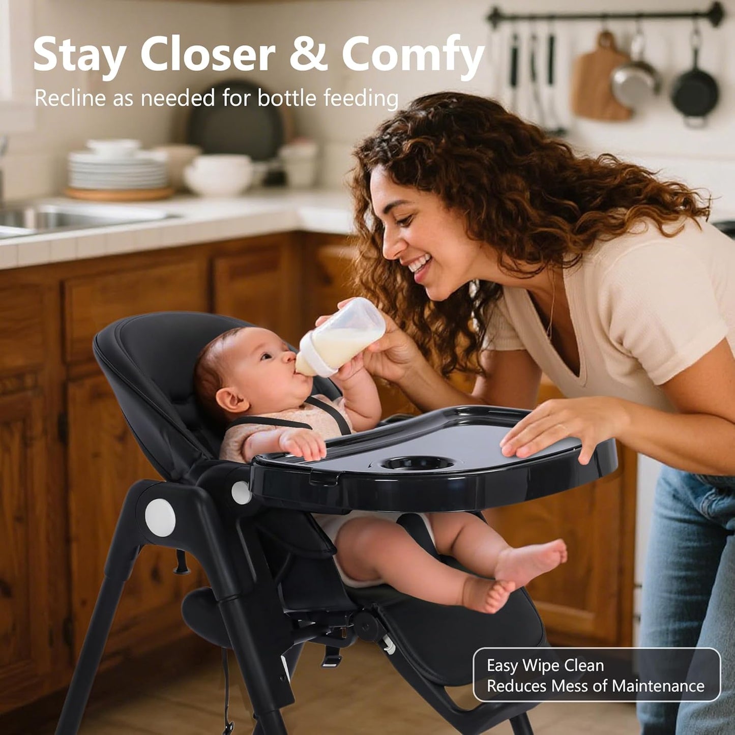 Kinder King Convertible High Chair for Babies & Toddlers, Adjustable Baby Feeding High Chair with Removable Double Tray, Simple Compact Fold for Space-Saving, 2 Built-in Wheels, Easy to Clean, Black