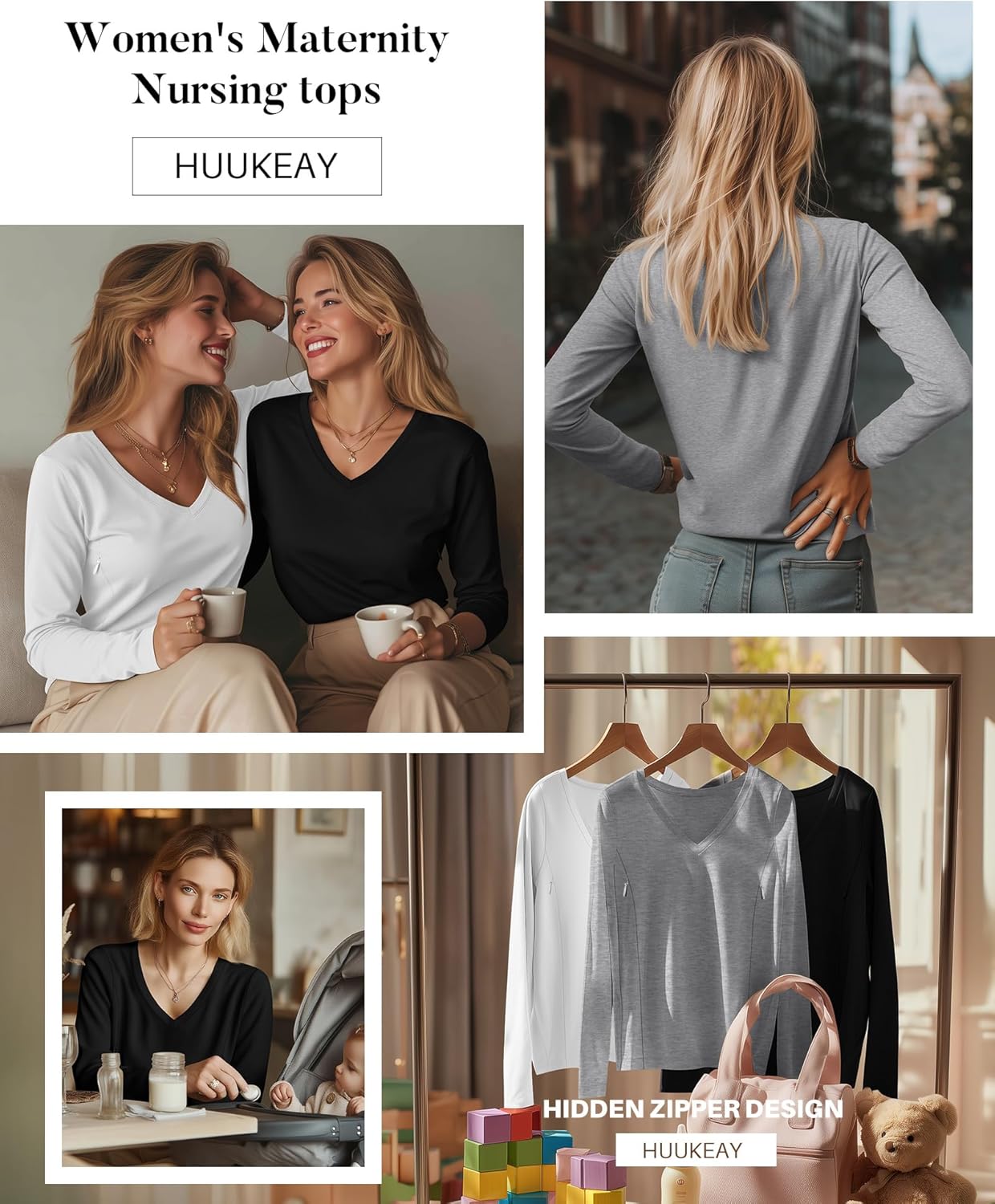 Huukeay 3 Pack Women's Long Sleeve Nursing Tops, Breastfeeding Hidden Zippers Shirts V Neck Maternity Pregnancy Tees Clothes