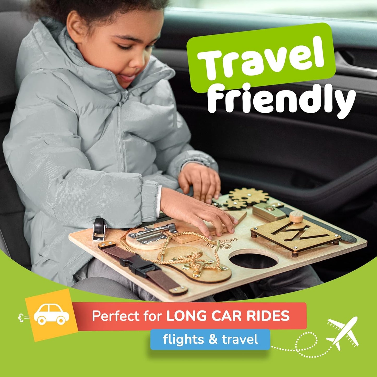 deMoca Sensory Busy Board for Toddlers, Premium Wooden Toddler Busy Board for 1 2 3 Year Old with 10 Educational Activities for Fine Motor Skills, Fidget Activity Toy for Travel Toy (Nature - Large)
