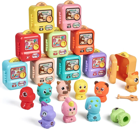 Learning Toy for Toddlers, Counting, Matching & Sorting Montessori Learning Toy，10pcs Animal Finger Puppets with Geometric Key Treasure Lock, Christmas Birthday Gift for Baby Boys Girls