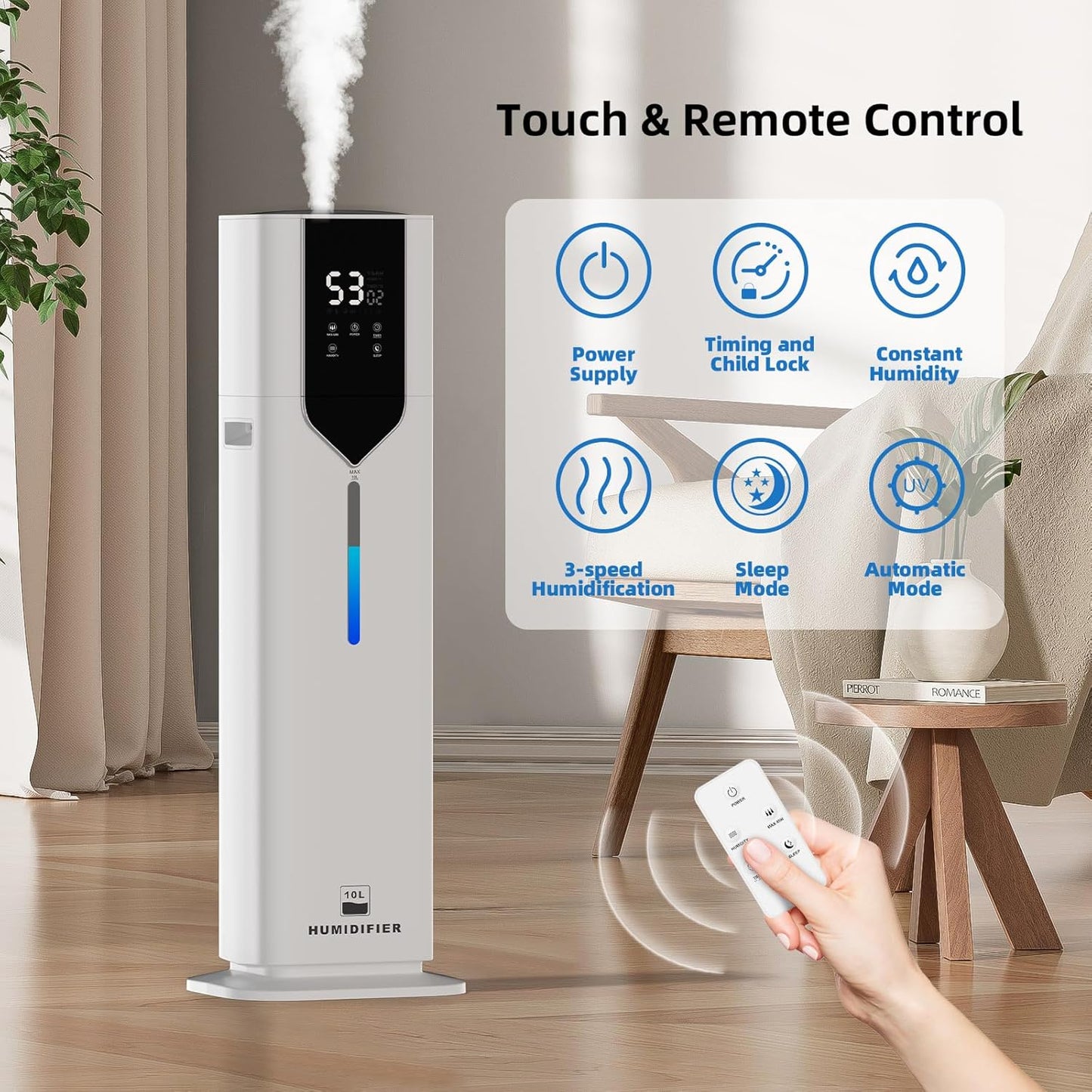 10L/2.6Gal Smart Humidifiers for Bedroom Large Room up to 600ft², 100H Runtime Cool Mist Top Fill, Ultra Quiet 30dB, Auto Control, Essential Oil Tray, Perfect for Bedroom, Office, Baby, White
