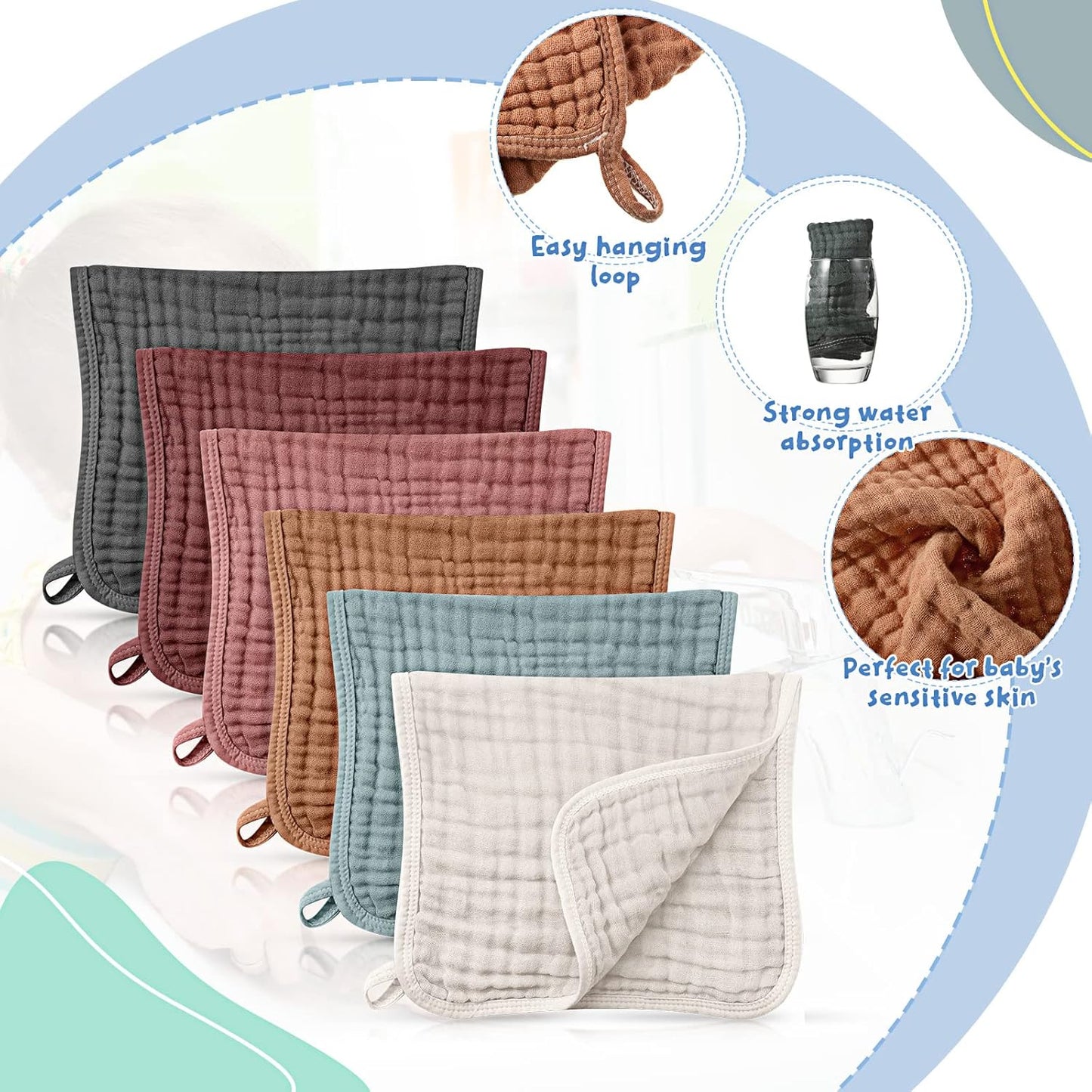 Irenare 6 Pack Muslin Burp Cloths Cotton Baby Burping Rags Large 20 x 10 Inch 6 Layers Spit up Rags Soft Absorbent Multicolor Wash Cloths Diapers for Newborn Baby Girl Boy(Assorted Colors)