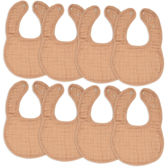 Comfy Cubs Muslin Bibs for Babies, Pack of 8 - Soft and Highly Absorbent, Feeding, Drool and Teething Bib, Adjustable Snaps - Stylish & Colorful Unisex Designs, Giftable Set - Caramel