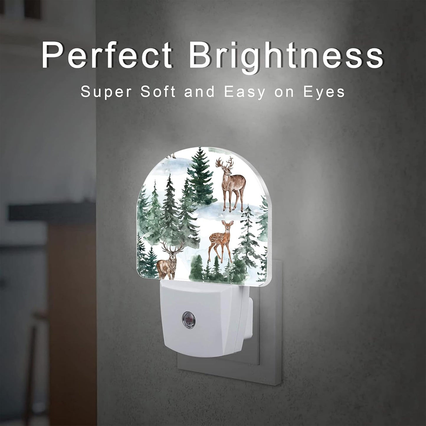 Winter Deer and Snowy Forest Night Light for Kids,Christmas Pine Trees Deer Night Light Plug in with Dusk to Dawn Sensor,0.5w Energy Saving Nightlight for Hallway Stairway Kitchen Bedroom