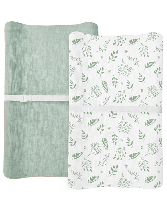 Changing Pad Cover for Baby Boy Girl 2 Pack, Muslin Changing Table Pad Covers with Boho Style, Neutral Nursery Bedding Essentials Soft and Breathable (Fern Leaf & Sage)