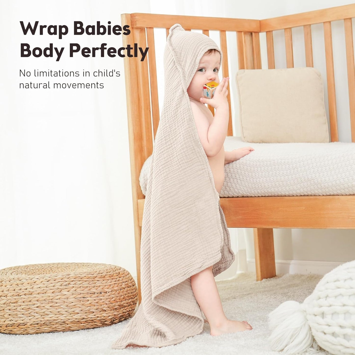 Susurration Hooded Baby Towels for Newborn 2 Pack 100% Muslin Cotton Towel for Babies，Highly Absorbent and Newborn Essential 30x30 Inch Cream&Dark Green