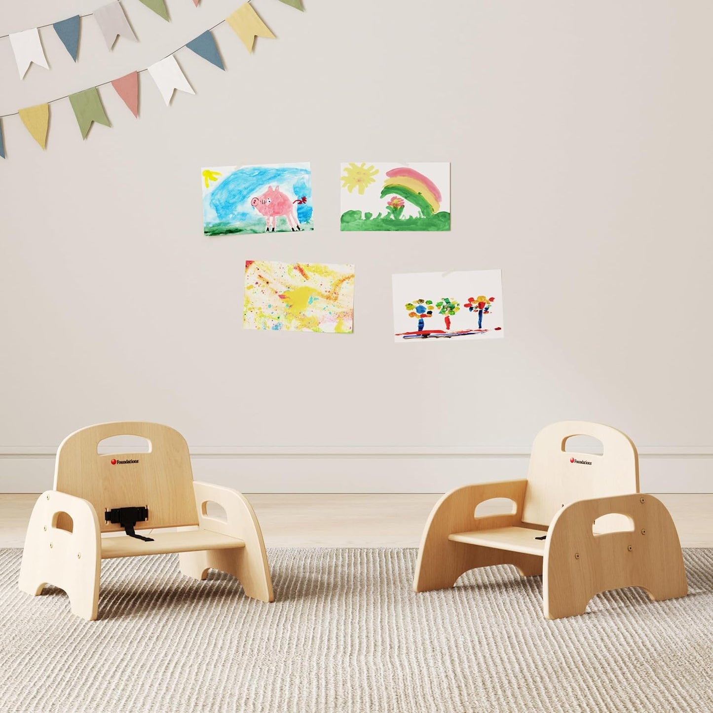 Foundations Simple Sitter Low Wood Feeding Chairs Multipack, Wide No-Tip Base, Adjustable Safety Harness, Stackable Wood Toddler Chairs with Food Service Grade Finish, 2 Pack (5 inch)