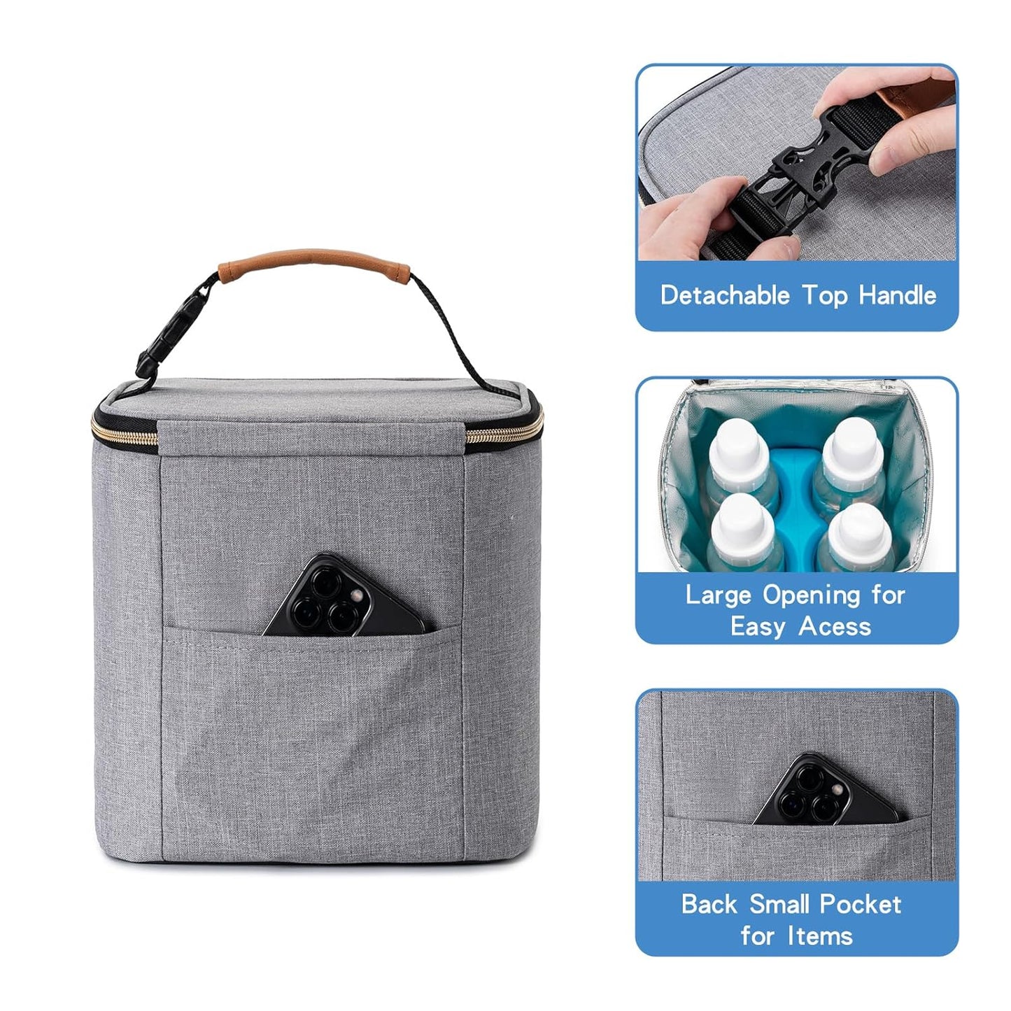 Breast Milk Cooler Bag with Ice Pack Fits 4 Baby Bottles Up to 9 Ounce, Baby Bottle Bag for Nursing Mom Daycare, Grey