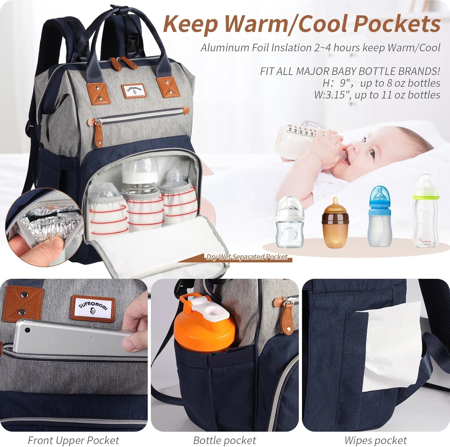 Diaper Bag Backpack: Tote Baby Bag for Boy and Girl, Large Mommy Bag Insulated Pockets Charger Holes for Men and Women, Nappy Bag for Baby Airplane Traveing Blue Grey