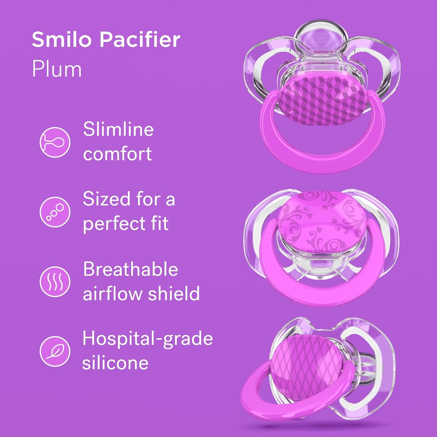 Smilo Baby Pacifier with Orthodontic Design for Healthy Dental Development - Stage 1 for Babies 0-3 Months - Pack of 3X 100% Silicone Newborn Pacifiers BPA Free - Plum Purple