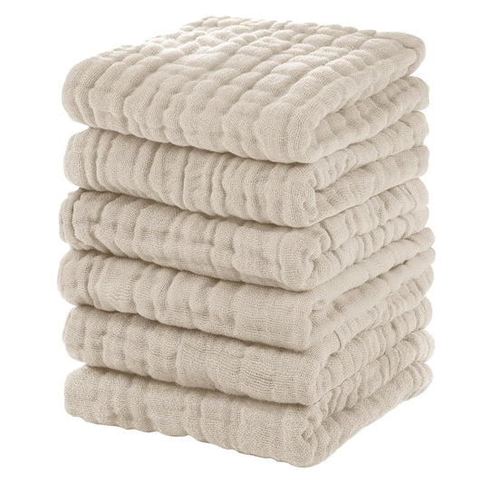 Muslin Baby Washcloths 6 Pack, 100% Cotton Wash Cloths for Babies, Large 12''X12'' Burp Cloths Absorbent and Soft for Newborn Infants Kids Boys Girls - Apricot