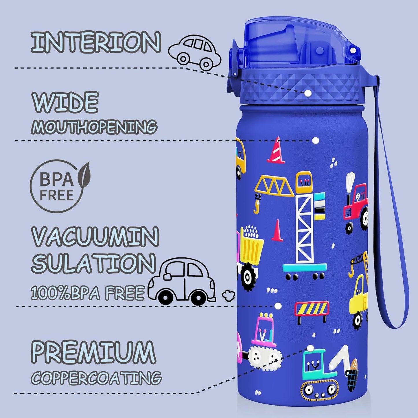 Kids Water Bottle, GOPPUS 18 oz Insulated Water Bottle with Straw, Double Vacuum Leakproof, BPA Free, for Boys and Girls, Blue Construction Truck