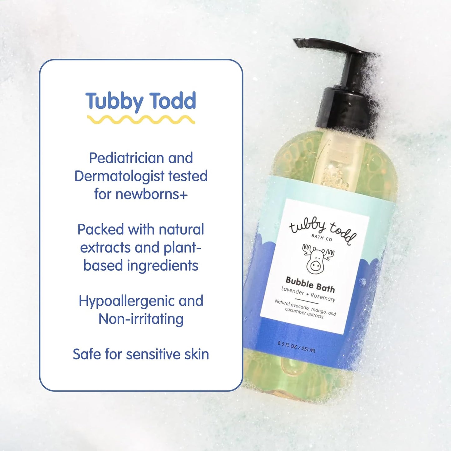 TUBBY TODD Bubble Bath for Kids, Toddlers & Babies - Hypoallergenic, Non-Irritating Sensitive Skin Bubble Bath - 2 Pack, 25 fl oz & 8 fl oz - Fragrance Free
