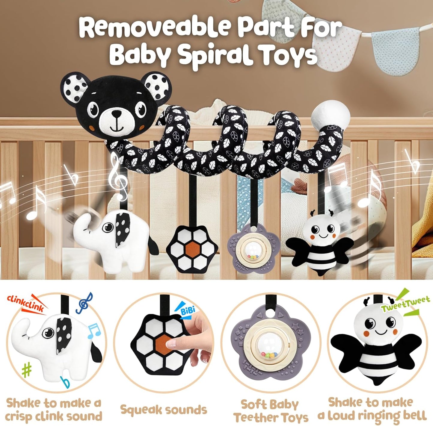 TSYAN Car Seat Toys for Babies 0-6 Months,Hanging Rattle Toys for Crib Mobile, Baby Spiral Hanging Stroller Black and White High Contrast Toys for Newborn 0 3 6 9 12 Months Baby Boys Girls (Bear)