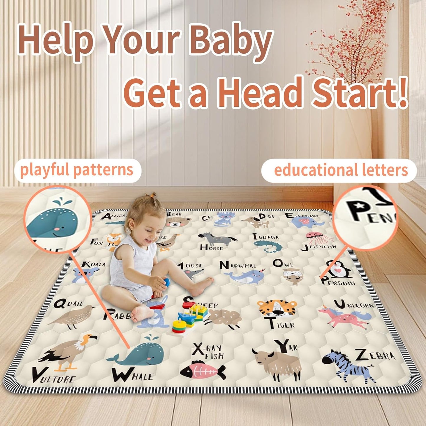Baby Play Mat 59" X 71", Thickened Soft Floor, Waterproof and Non-Slip Crawling Play Pad, Machine Washable Foldable Crawling Mat for Floor Playpen
