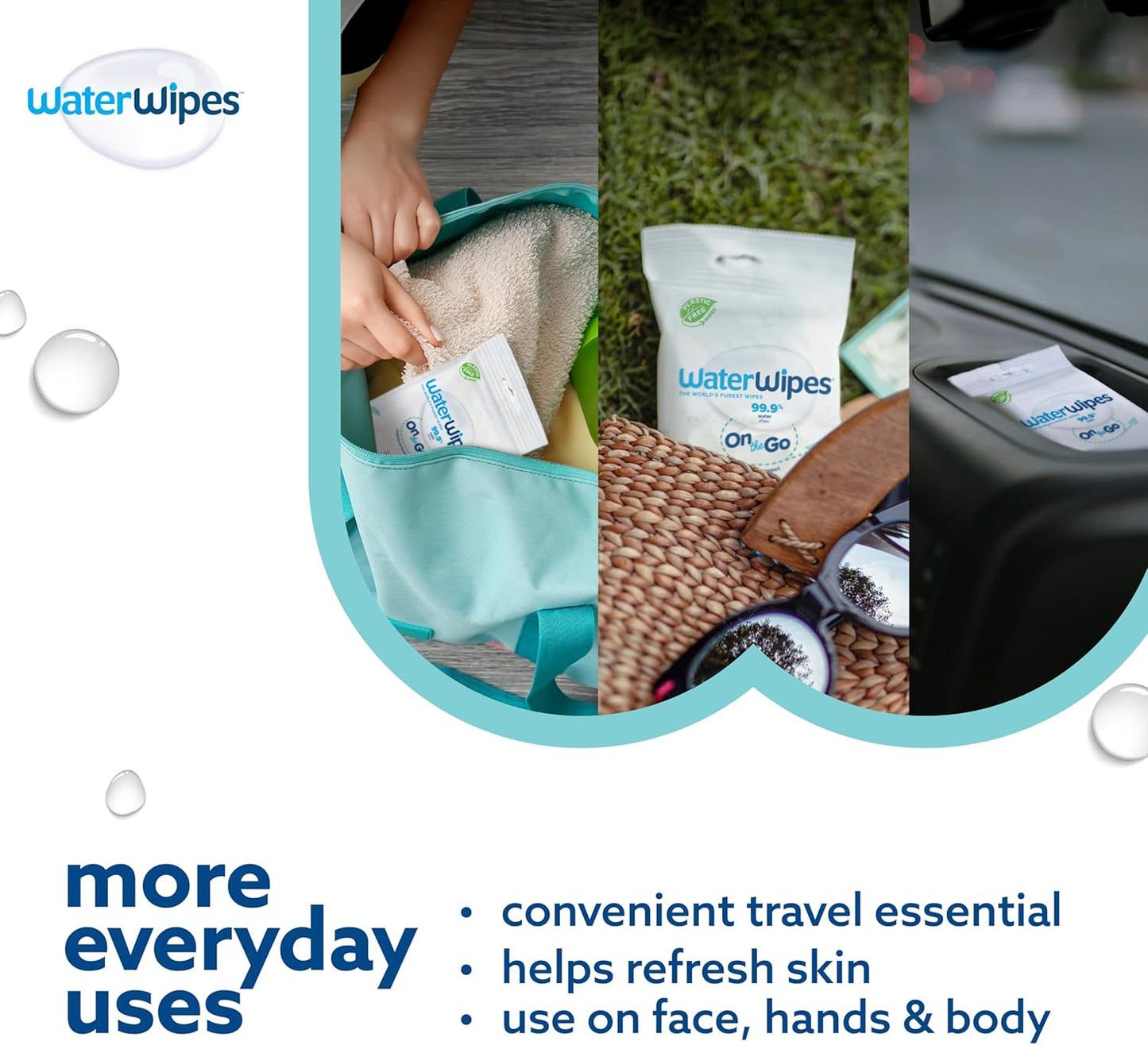 WaterWipes Sensitive+ On The Go Wipes, 3-In-1 Cleans, Cares, Protects, 99.9% Water, Unscented & Hypoallergenic Wet Wipes, 100 Count (10 Packs)