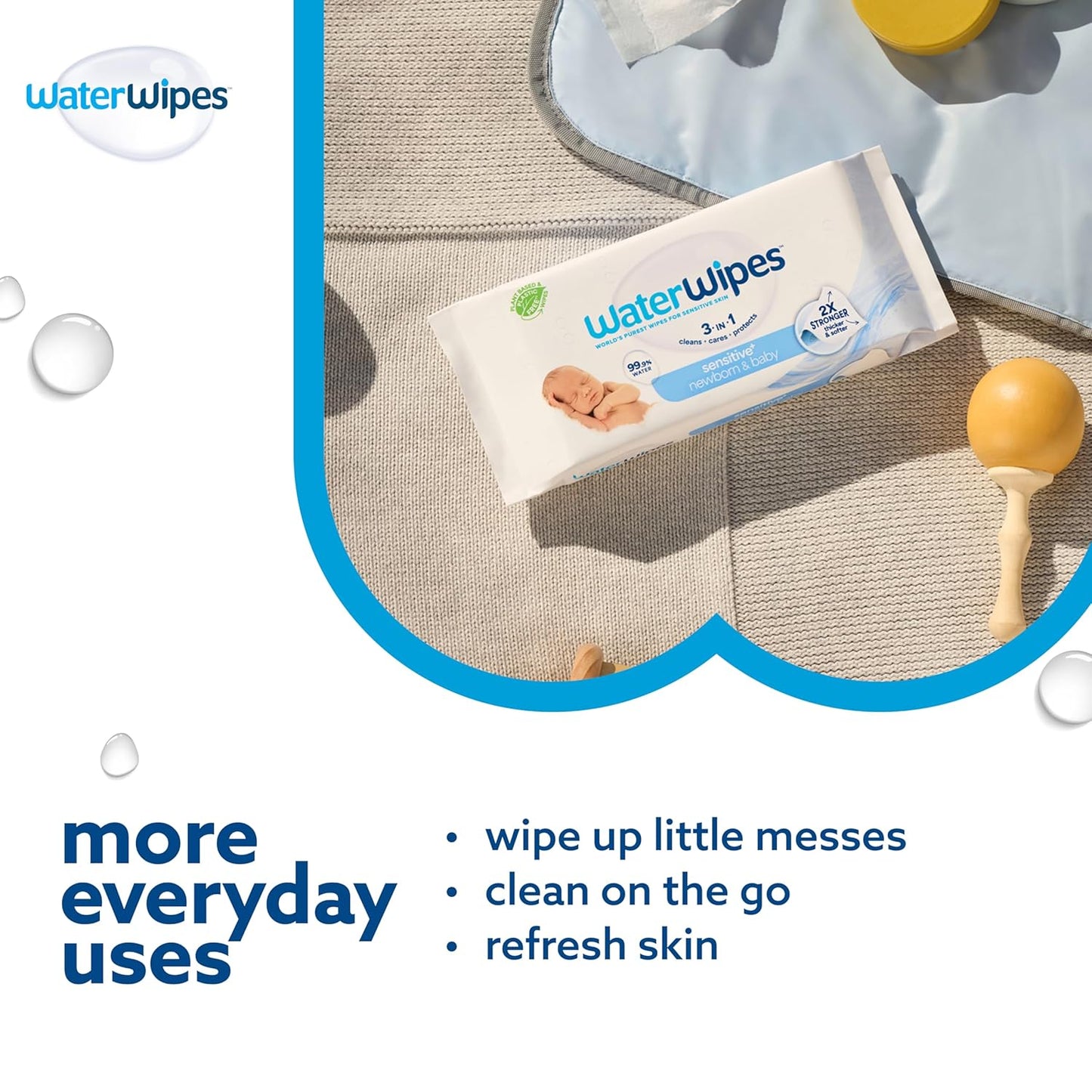 WaterWipes Sensitive+ Newborn & Baby Wipes, 3-In-1 Cleans, Cares, Protects, 99.9% Water, Unscented & Hypoallergenic, 300 Count (5 Packs)