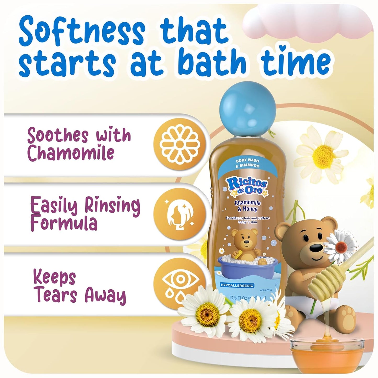 Ricitos de Oro 2 in 1 Baby Shampoo and Body Wash | Ideal for Newborns & Toddlers, Sensitive Skin, Mild Scent, Chamomile & Honey, Tear-Free, Hypoallergenic, No Harsh Ingredients, 13.5 Fl Oz, 2-Pack