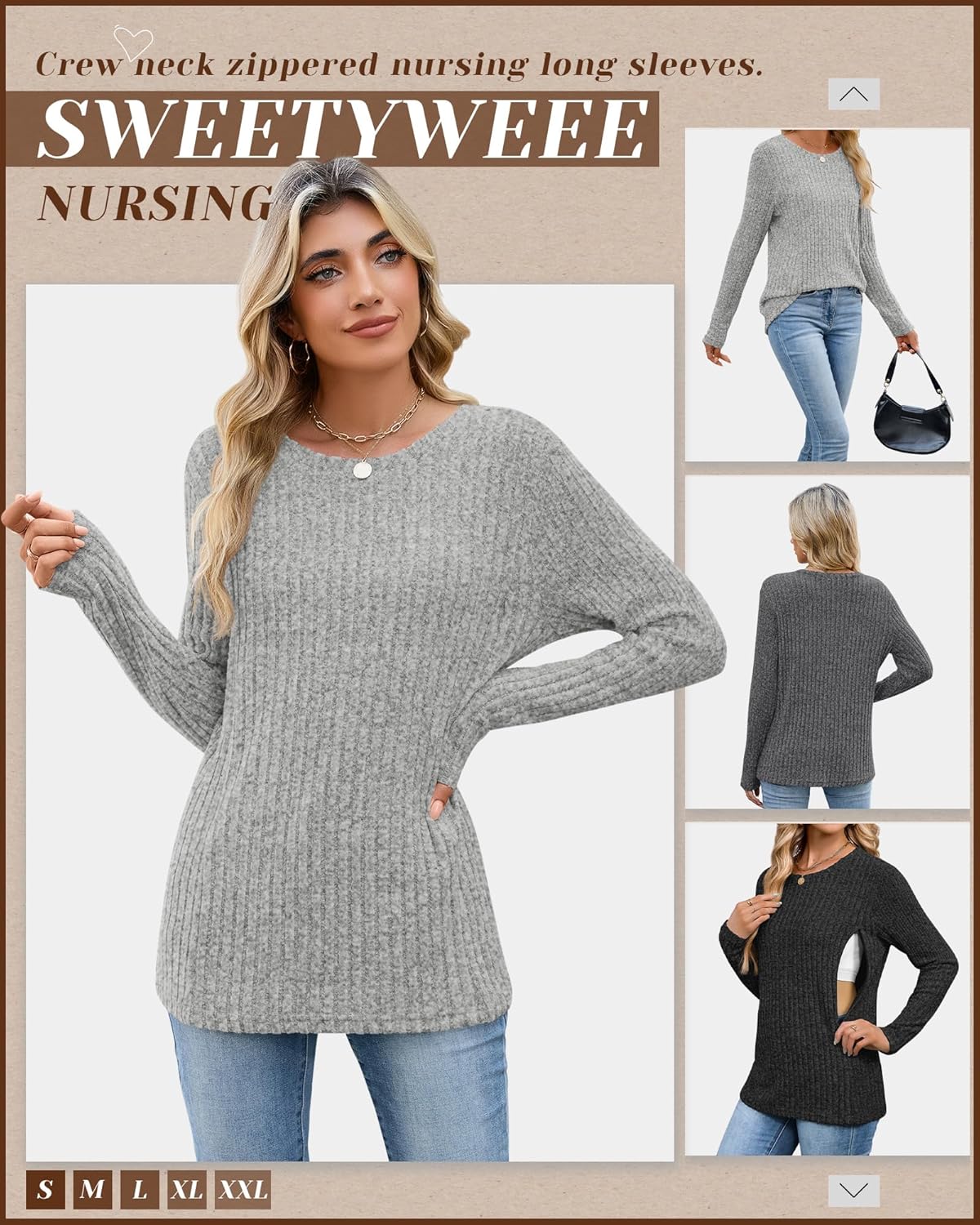 3 Pack Women's Nursing Long Sleeve Tops Breastfeeding Thermal Sweaters with Hidden Zipper Maternity Ribbed Shirts