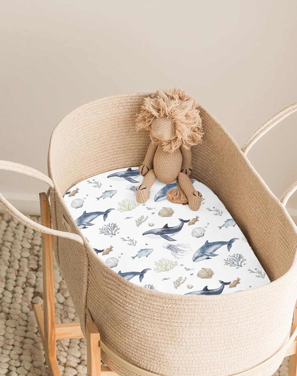 Bassinet Sheets for Baby Girls Boys 2 Pack, Fitted Baby Mattress Sheet for Rectangle, Oval, Hourglass Bassinet Mattress, Breathable Cozy & Universal Fit (Aquatic Adventures)