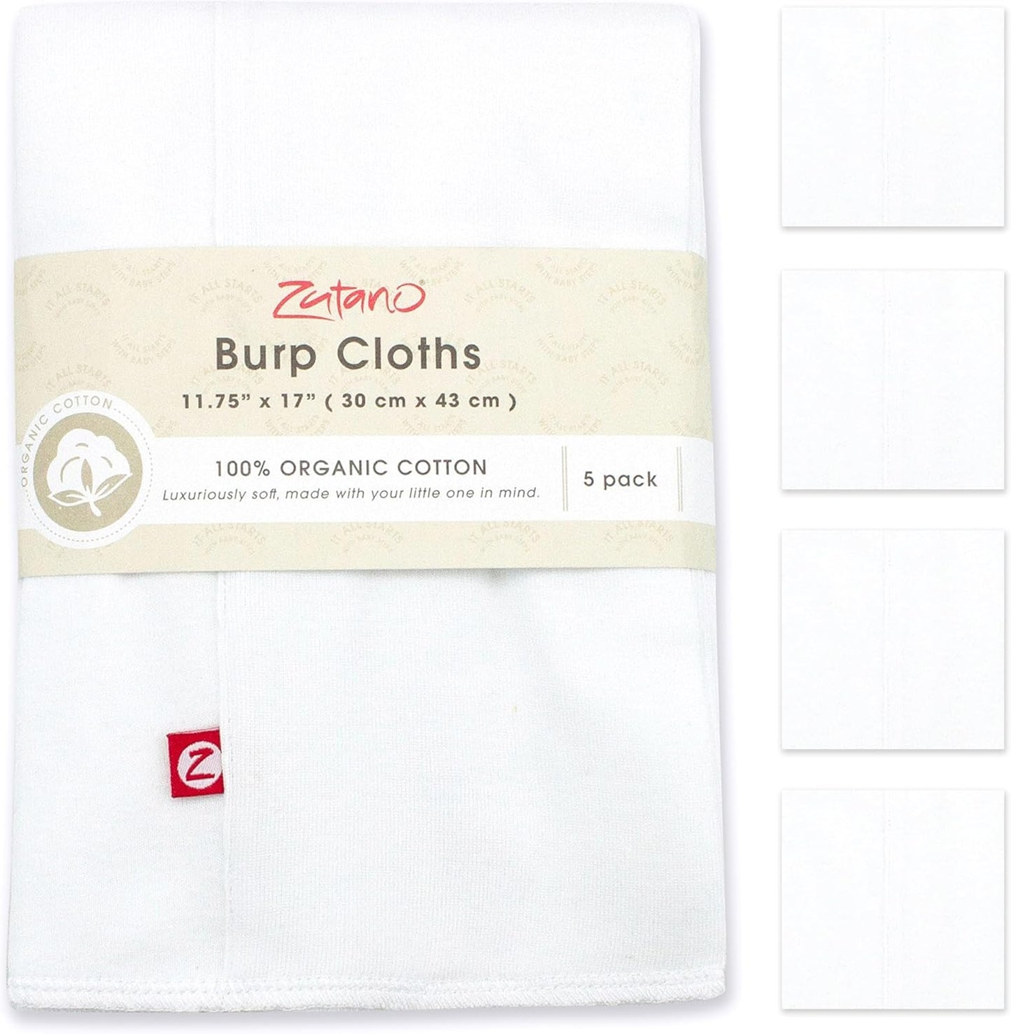 Zutano 5-Pack Organic Burp Cloths for Baby Girl & Boy, Large Cotton Burping Cloths for Babies | Absorbent Baby Spit-Up Rags | Gender Neutral Burp Clothes | Newborn Essentials, Solid White