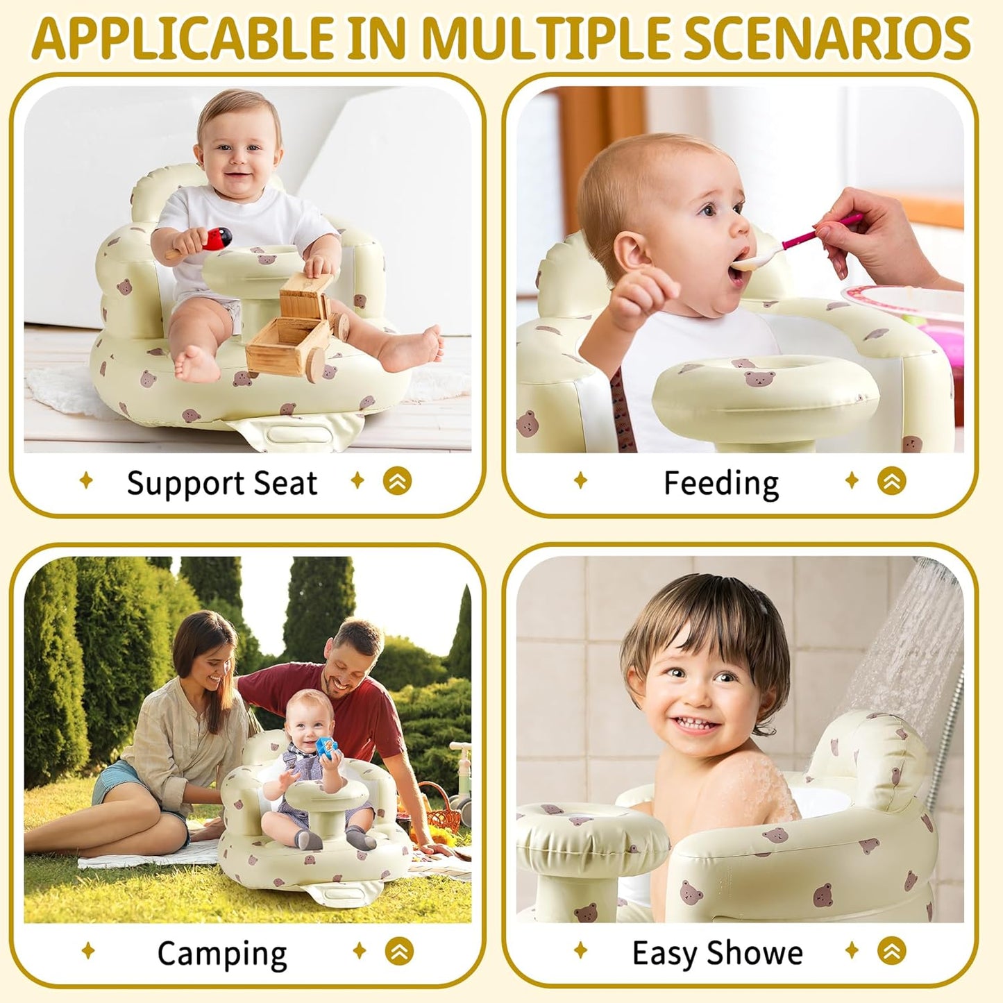 Inflatable Baby Seat for Babies 3 Months & Up, Baby Sit Up Chair Blow Up Baby Floor Seats with Tray, Built in Air Pump Infant Support Seat Perfect for Home Floors (Bear with Tray)
