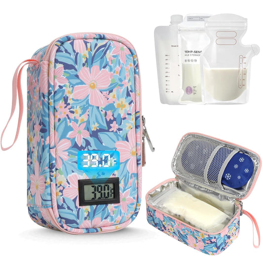 YOUSHARES Breastmilk Cooler Travel Bag with Digital Thermometer, Small Insulated Baby Milk Storage with 2 Ice Packs, Daycare and On-The-Go Moms （Pastel Flowers）