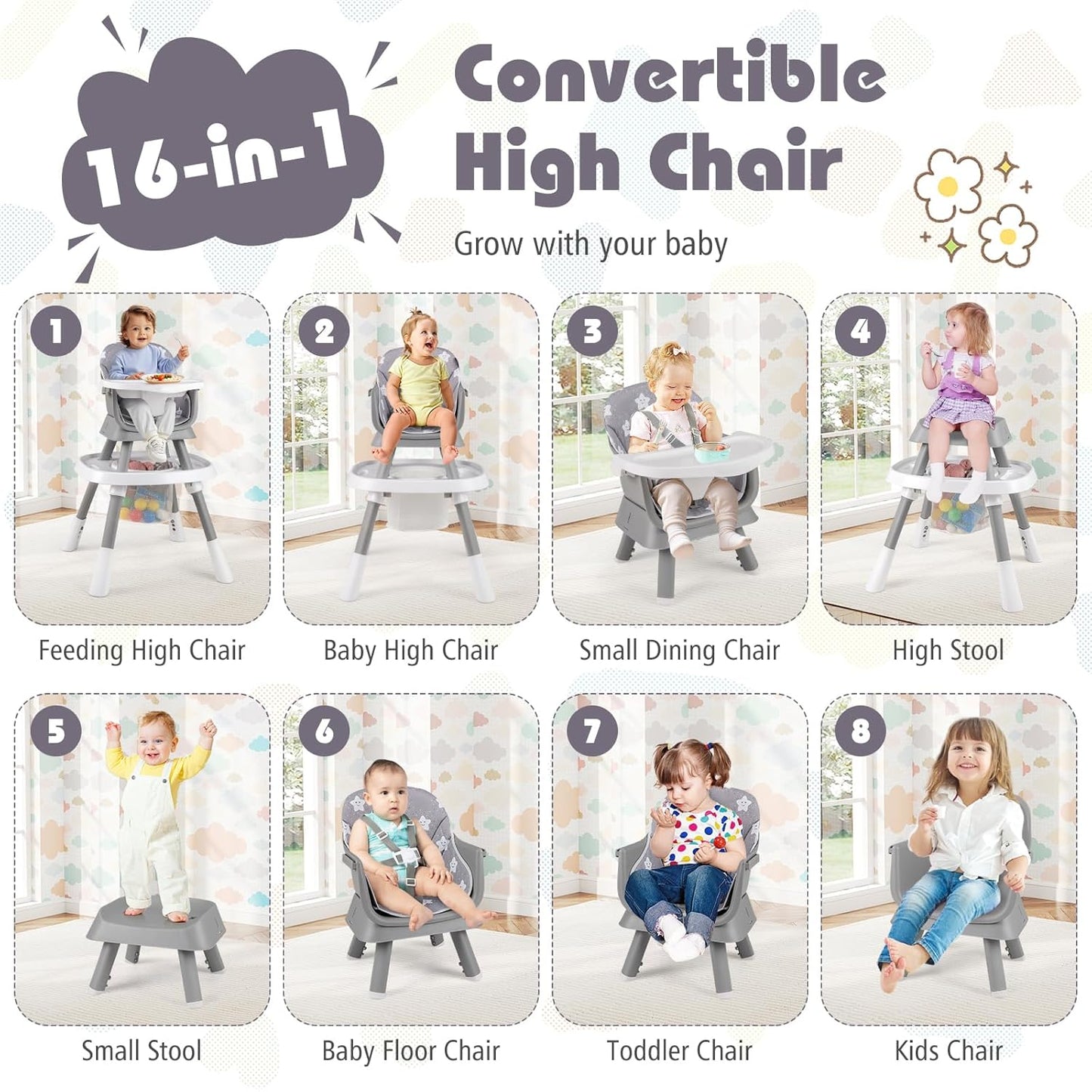 KOTEK 16 in 1 Convertible High Chair, Baby Highchair & Activity Center with Toys, Booster Seat, Building Block Table, Toddler Chair with 5-Point Harness, Removable Tray & Cushion (Gray)