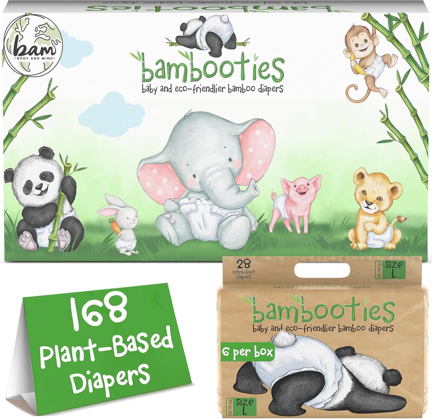 Bamboo Baby Diapers, Totally Chlorine Free for Sensitive Skin for Newborns to XXL. Hypoallergenic & Non Toxic Eco Friendlier Plant-Based Materials. TCF Large Size 4 (168 ct)