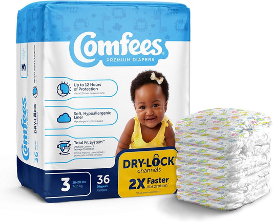 Comfees Premium Baby Diapers with Total Fit System for Boys & Girls, Size 3, 144Count, White (CMF-3)