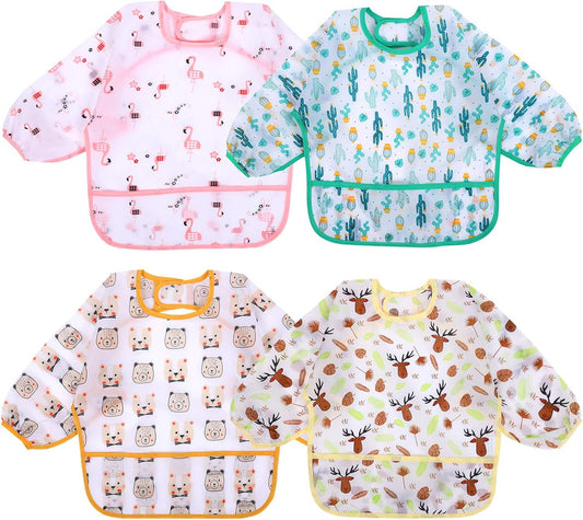 Accmor 4 Pack Long Sleeve Bibs, Baby Smock Waterproof Sleeved Bib Smock for Baby Toddler 6-36 Months