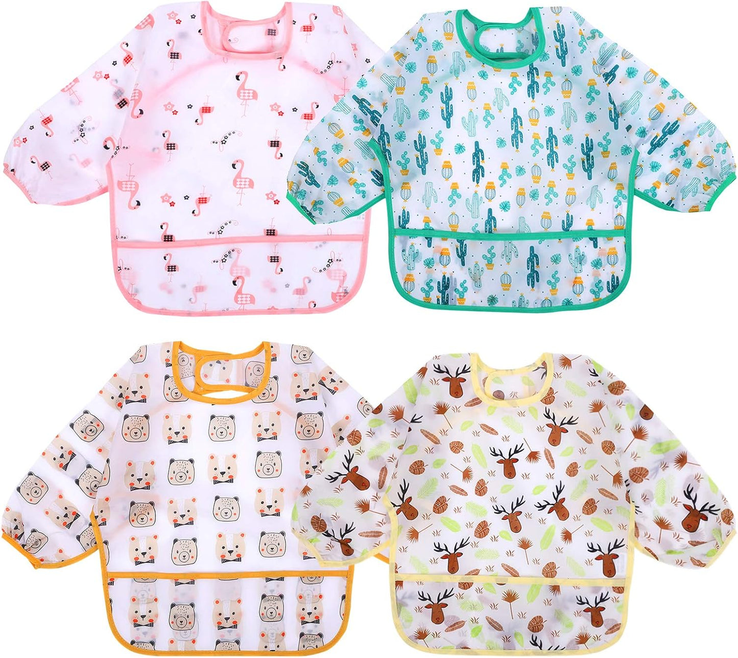 Accmor 4 Pack Long Sleeve Bibs, Baby Smock Waterproof Sleeved Bib Smock for Baby Toddler 6-36 Months