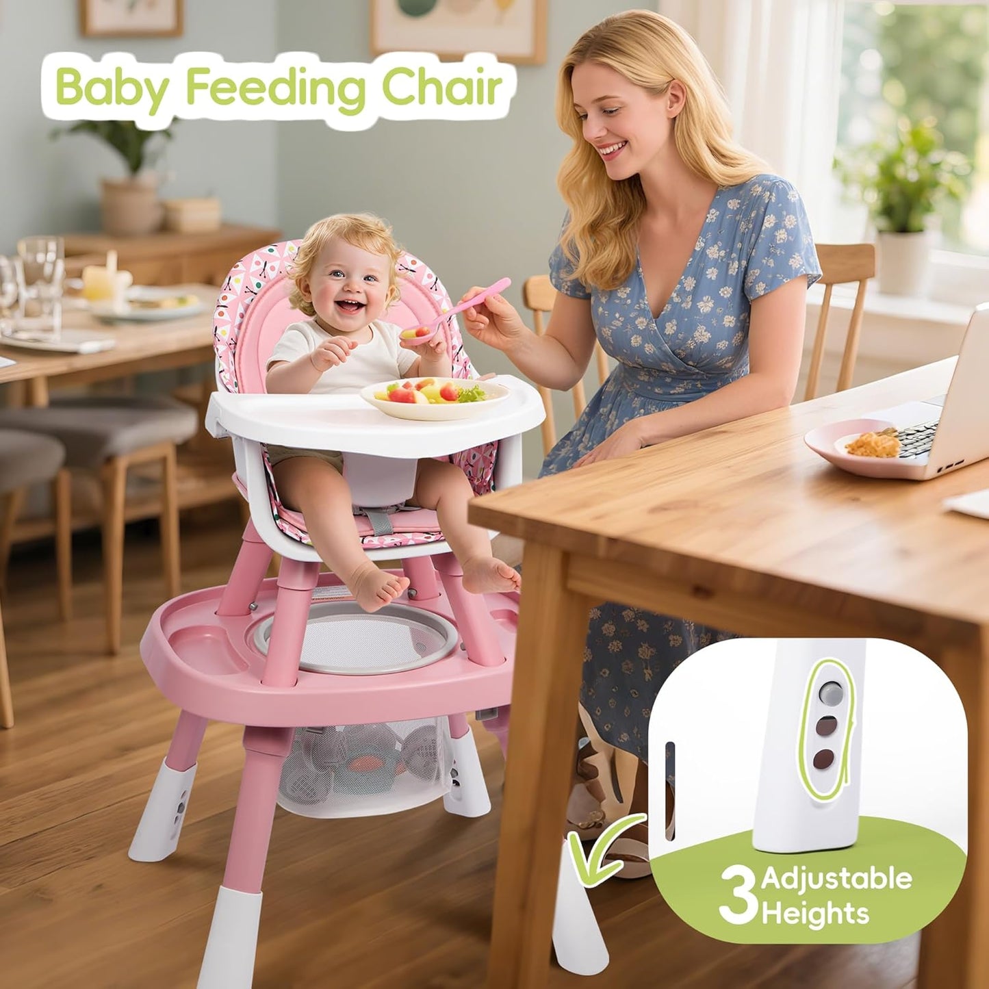 15 in 1 Convertiable High Chair for Babies and Toddlers, 2 in 1 Highchair & Activity Center w/Toys, Booster Seat, Toddler Chair w/5-Point Harness & Removable Tray & 2-Layer Cusion (Pink)