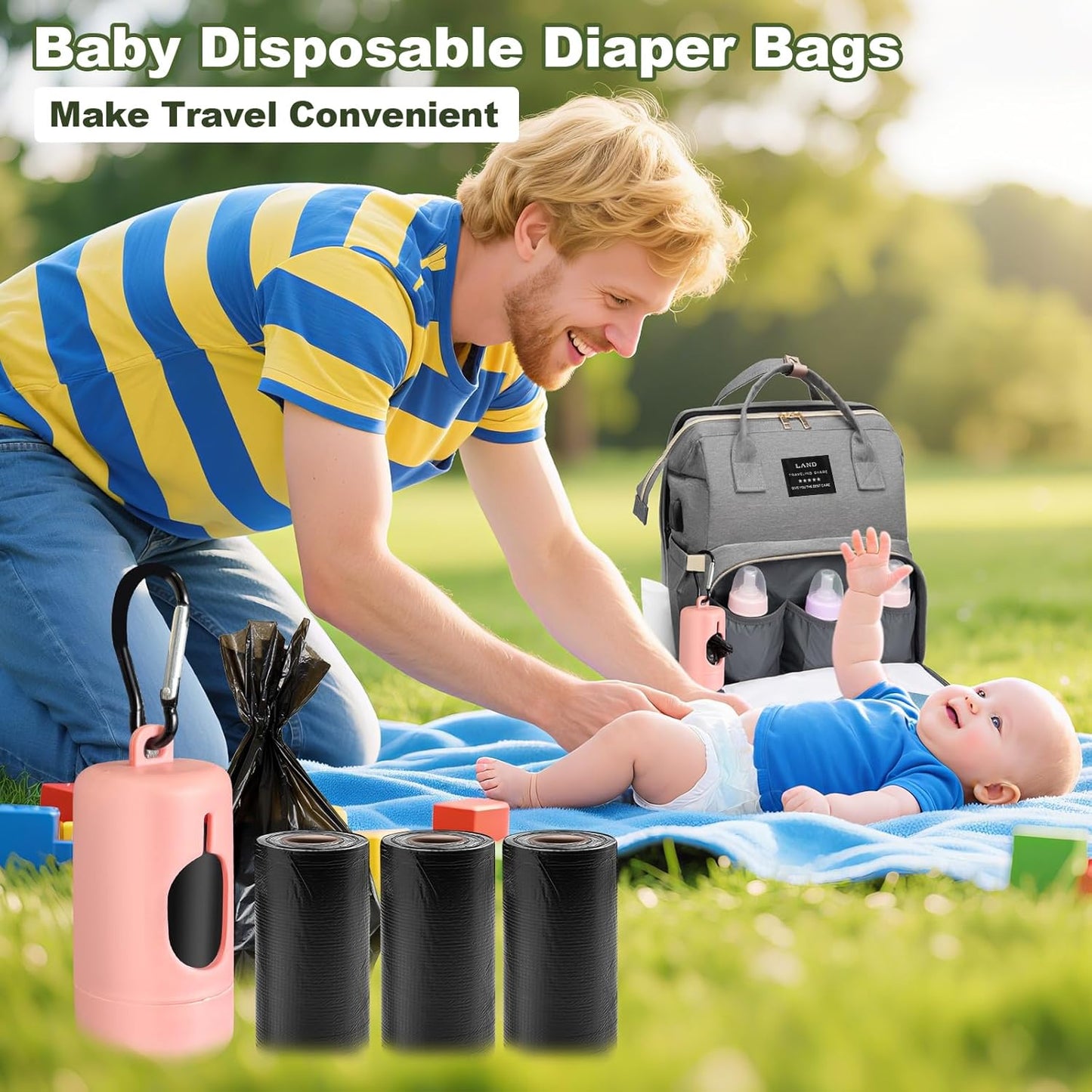 juman Diaper Bag Backpack, Large Diaper Bag with Changing Station, Baby Bag with USB Charging Port, 3 Rolls of Waste Bags with Dispenser, Waterproof Diaper Bags for Boys & Girls, Baby Shower Gifts