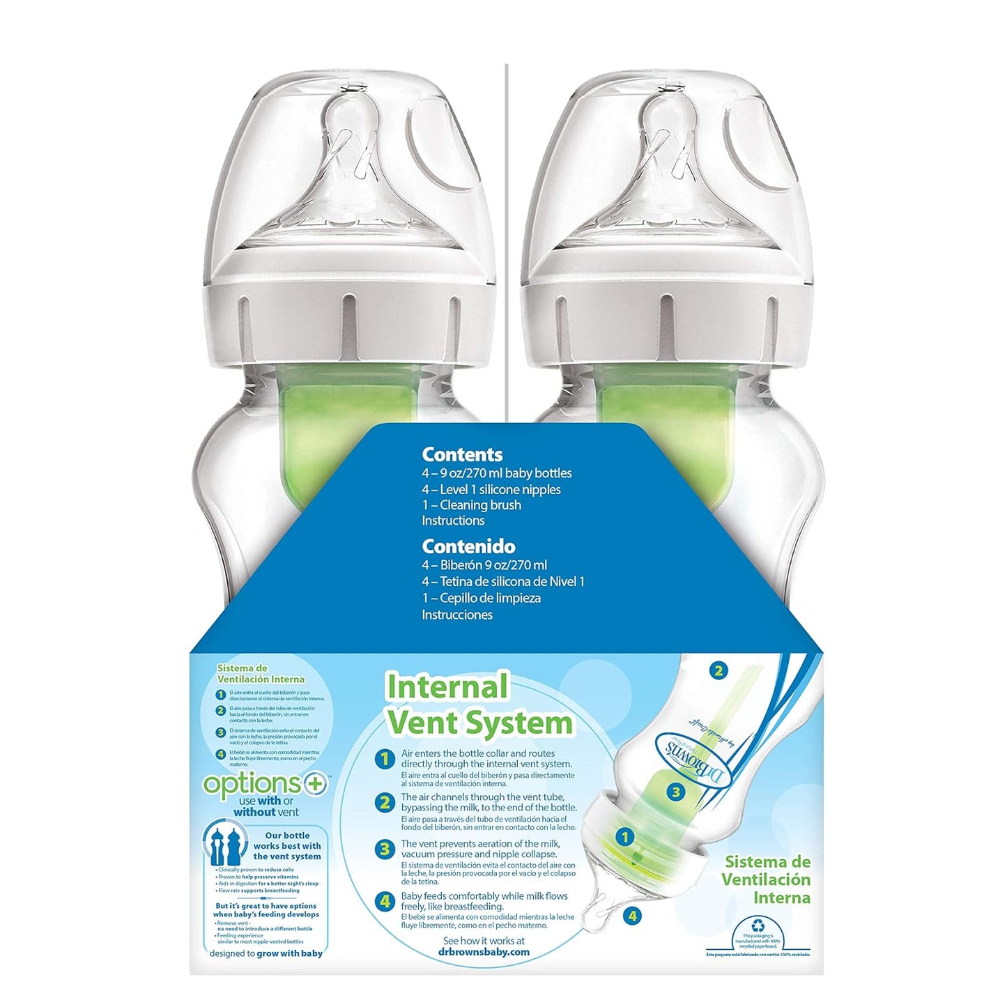 Dr. Brown's Natural Flow Anti-Colic Options+ Wide-Neck Baby Bottles, 9 oz/270 mL, with Level 1 Slow Flow Nipple, 4 Pack Good Morning/Good Night Gift Set