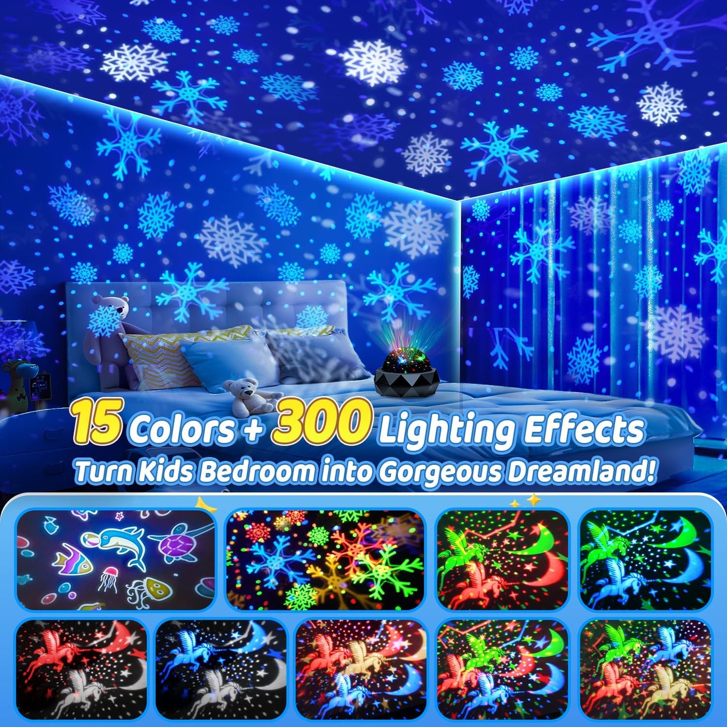 PIKOY Night Light Projector for Kids Room - 15 Colors, 15 White Noise, 3 Films, Remote - Rechargeable Star Lights for Ceiling, Bedroom - Gifts