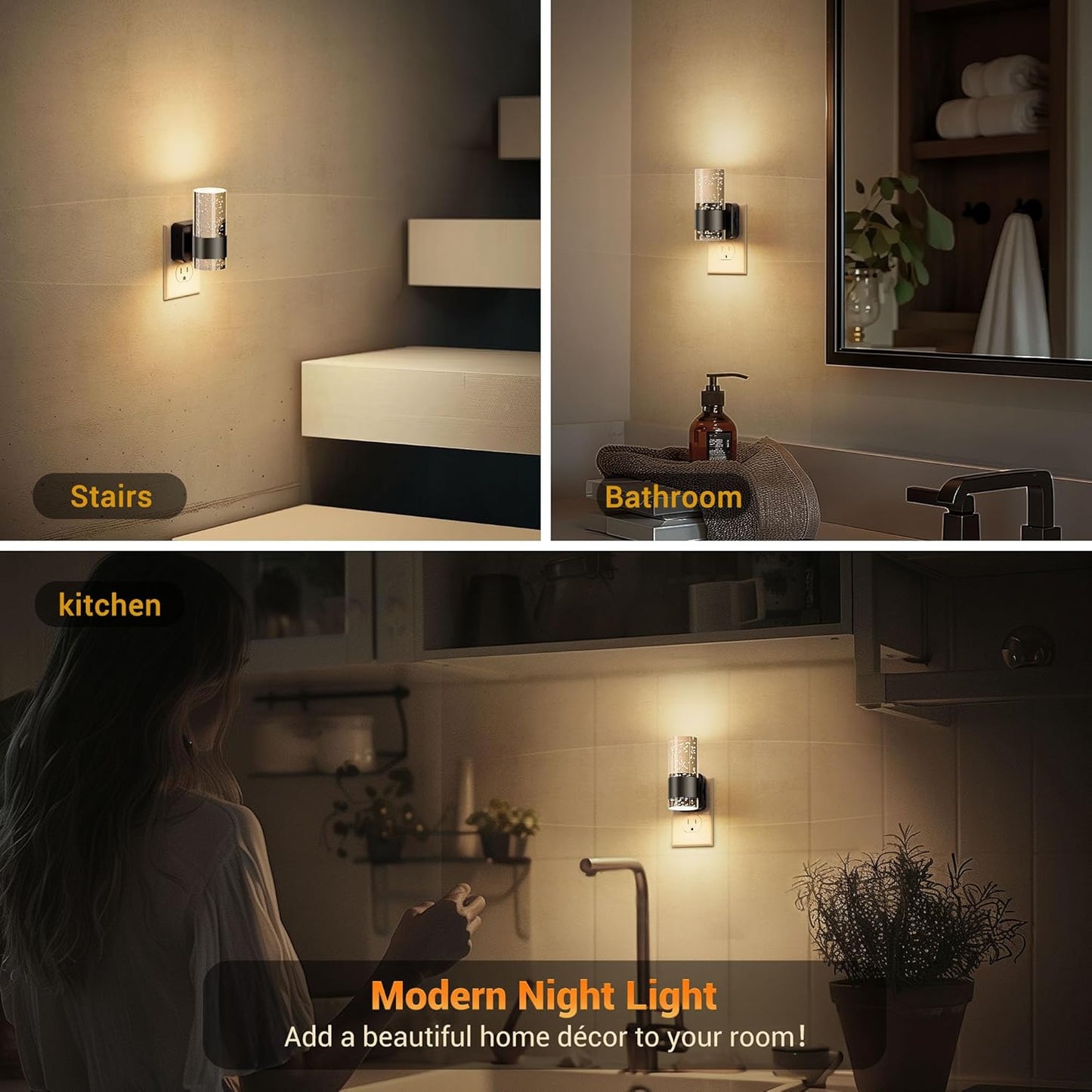 JandCase Night Light, Night Lights Plug into Wall,2 Pack 3000K LED Nightlight with 0-100LM Adjustable Brightness, Automatic Night Light Plug in with Light Sensor for Bathroom Hallway Room Decor