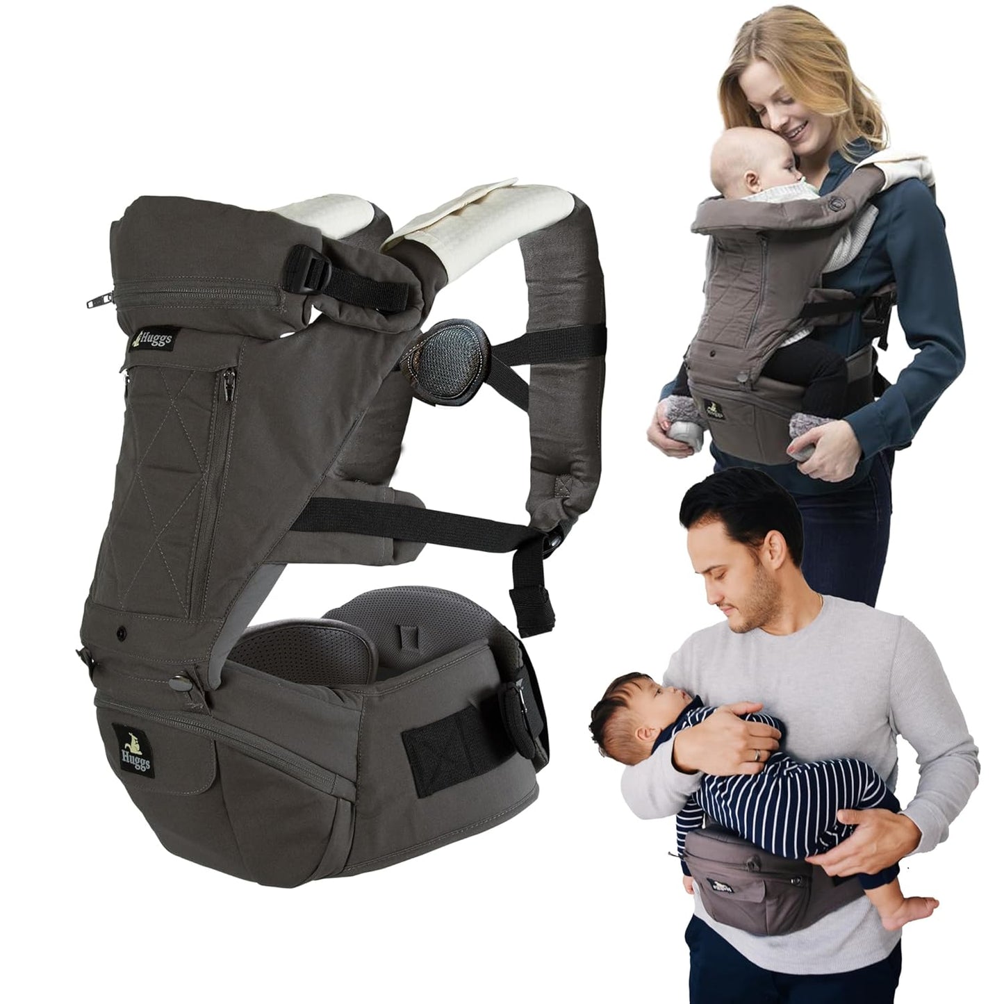Abiie HUGGS 3-in-1 Baby Carrier w/Hip Seat - Front Facing, Hip Hugger, Back Baby Carrier - Healthy Sitting (M) Position, 3 Mos.-Toddler - Buckle Type Closure - Approved by US Safety Standards - Gray