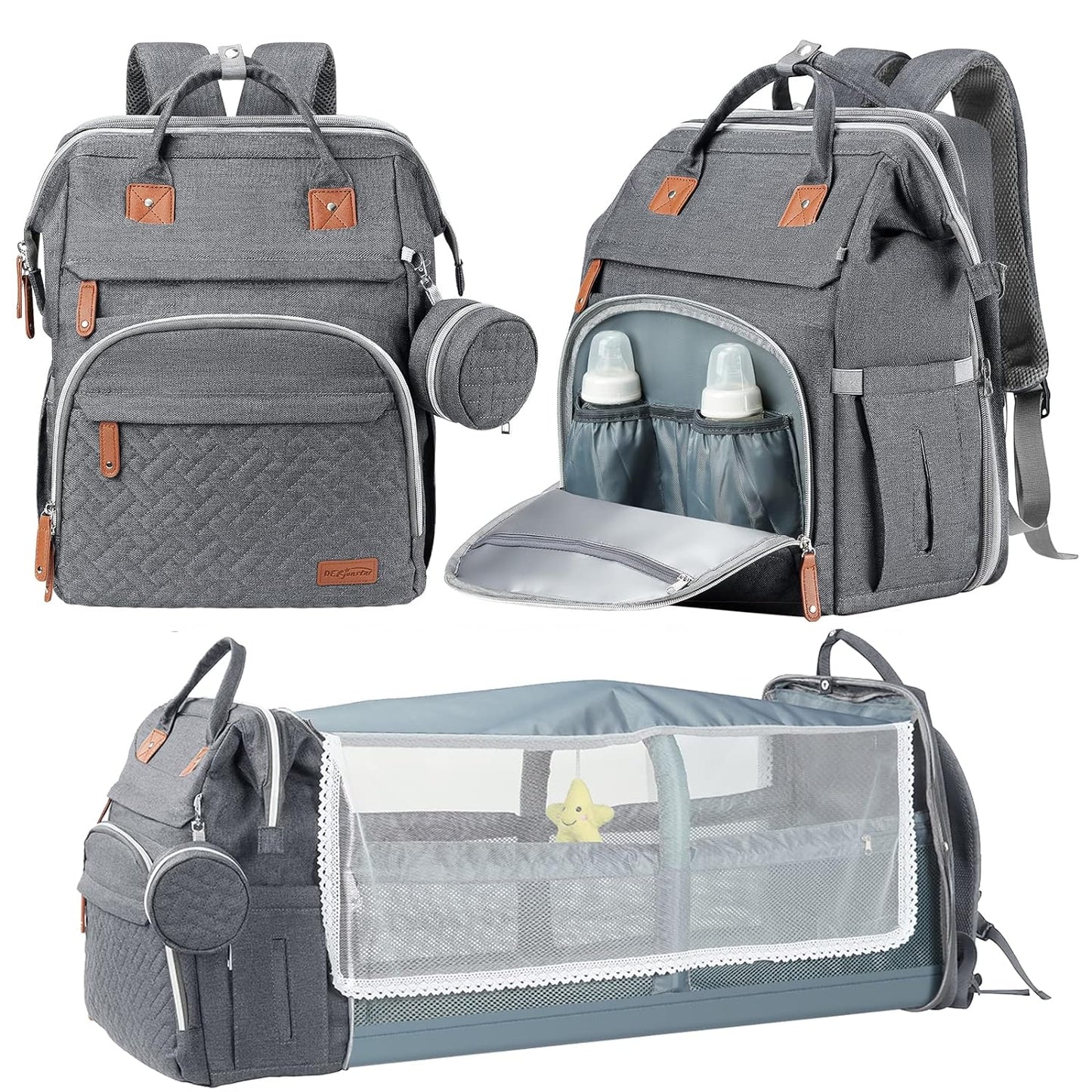 DERJUNSTAR Baby Diaper Bag Backpack with ChangingStation-Large Capacity Baby Bag for Boys & Girls, USBCharging Port, Pacifier Case, sunshade & Toy Bar,Waterproof， Pale Grey