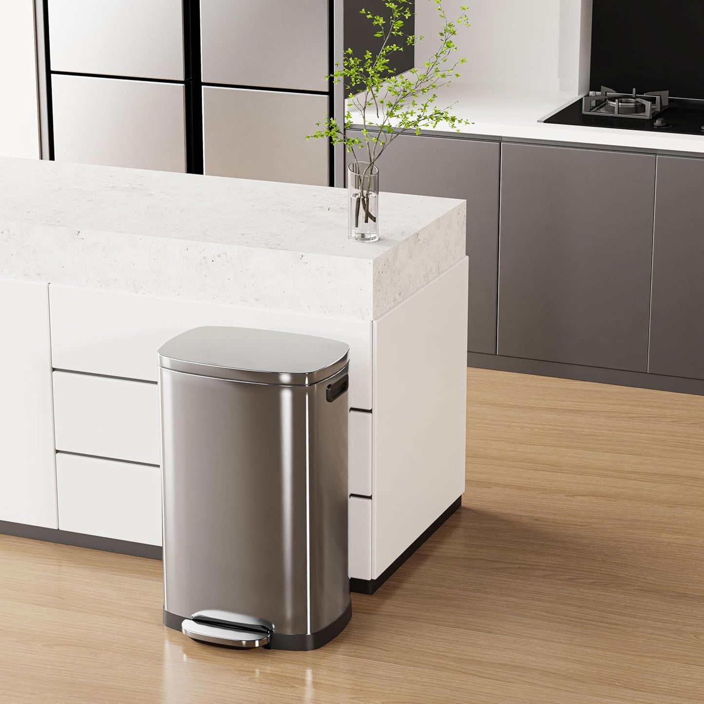 ELPHECO Kitchen Trash Can with Lid Soft Close, 13 Gallon / 50L Stainless Steel Pedal Garbage Can, Heavy-Duty Fingerprint Proof Step Wastebasket with 20 Bags, Removable Bucket, Home Office, Silver