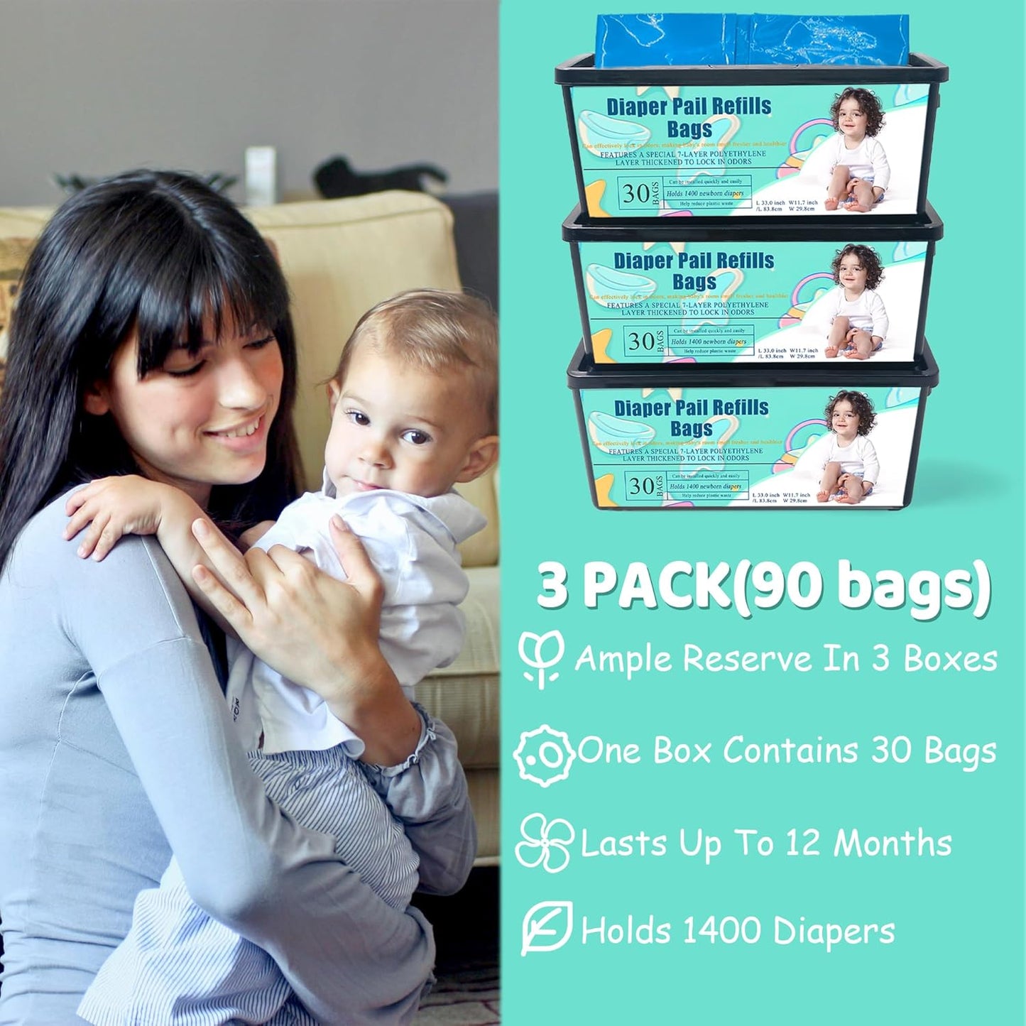3PCS Upgraded Thickened Diaper Pail Refills Bags For Genie Easy Roll Signature Diaper Pails, 7-Layer Odor-Barrier Technology, 90 Bags Lasts Up to 12 Months, Hold up to 4200 Newborn Diapers