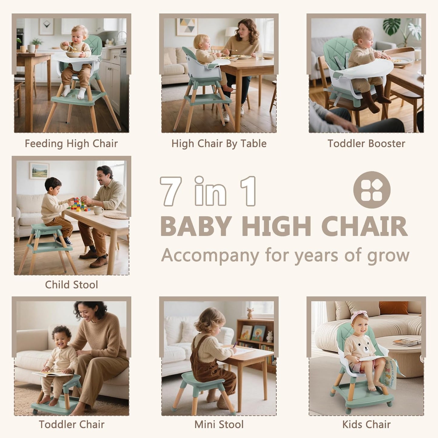 Kinder King 7 in 1 Baby High Chair for Babies and Toddlers with Large Storage Footrest, Booster Seat, Convertible Wooden High Chair with 3-Depth Double Dishwasher Safe Tray, 5 Point Harness, Green