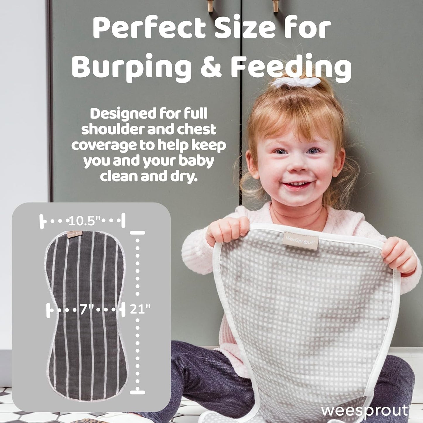 WeeSprout Unisex Organic Towel Cotton Burp Cloths, Set of 4, Four Ultra-Absorbent Layers Keep Clothes Dry, Button Transforms into Baby Bib, Machine Washable & Dryer Safe (Neutral Set, Full)