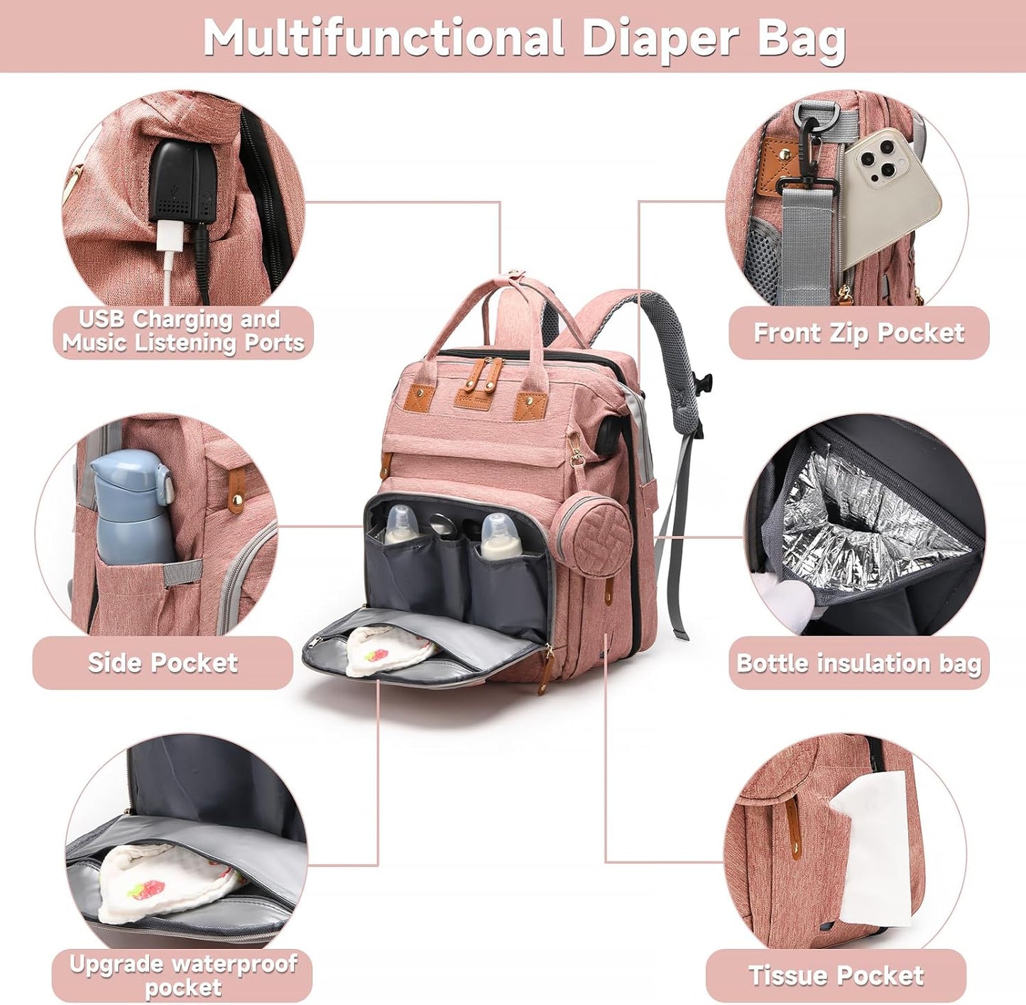 Baby Diaper Bags with Changing Station, Large Capacity Diaper Bag Backpack for Moms Dads with USB Charging Port,Travel Baby Bag with Pacifier Case & Stroller Straps(Up-PinkGrey)