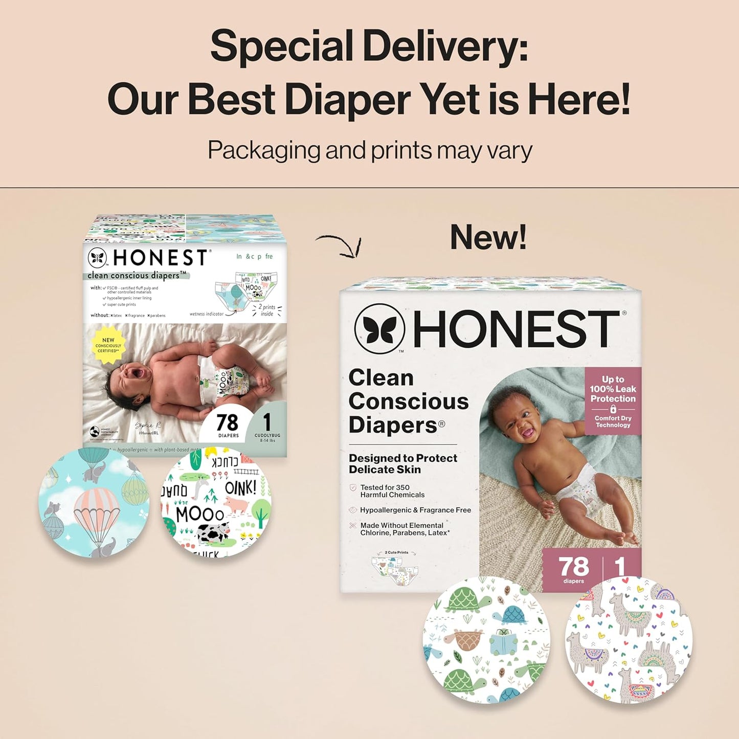 The Honest Company Clean Conscious Diapers for Delicate Skin, Up to 100% Leakproof Hypoallergenic Fragrance-Free Baby Diapers, Gender Neutral Prints, Club Box, Size 1 (8-14 lbs), 78 Count