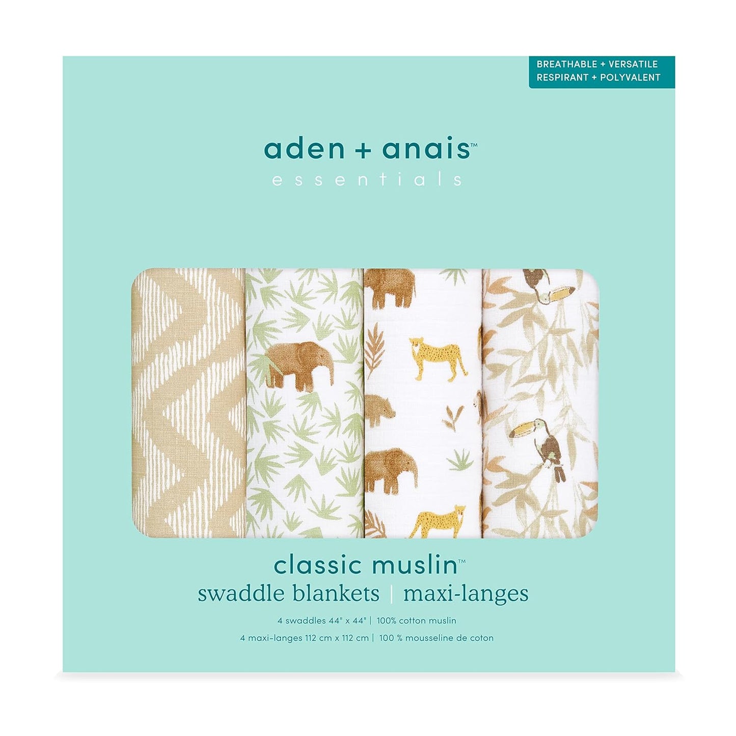 aden + anais Essentials Muslin Swaddle Blankets for Baby Girls and Boys, Newborn Receiving Blanket for Swaddling, 100% Cotton Baby Swaddle Wrap, 4 Pack, Tanzania