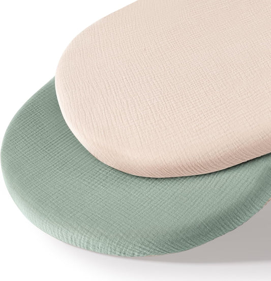 Muslin Bassinet Sheets for Babies – Soft & Breathable 100% Cotton Fitted Sheets for Oval, Rectangle, Hourglass Bassinet Mattress Pads, 2-Pack (Ivory & Pink)