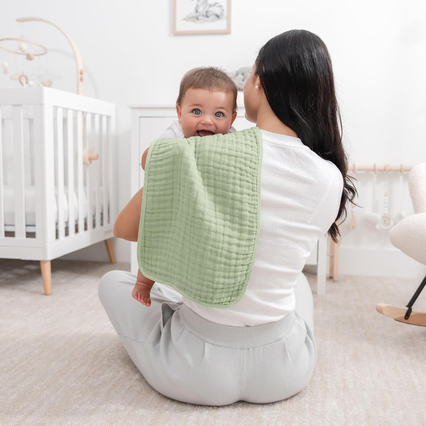 Comfy Cubs Muslin Burp Cloths 20" x 10", Pack of 10 - Large, 6-Layer, Ultra Absorbent 100% Cotton for Baby Drool and Messes - Soft, Safe & Gentle Baby Burp Cloths for Boys & Girls - Sage