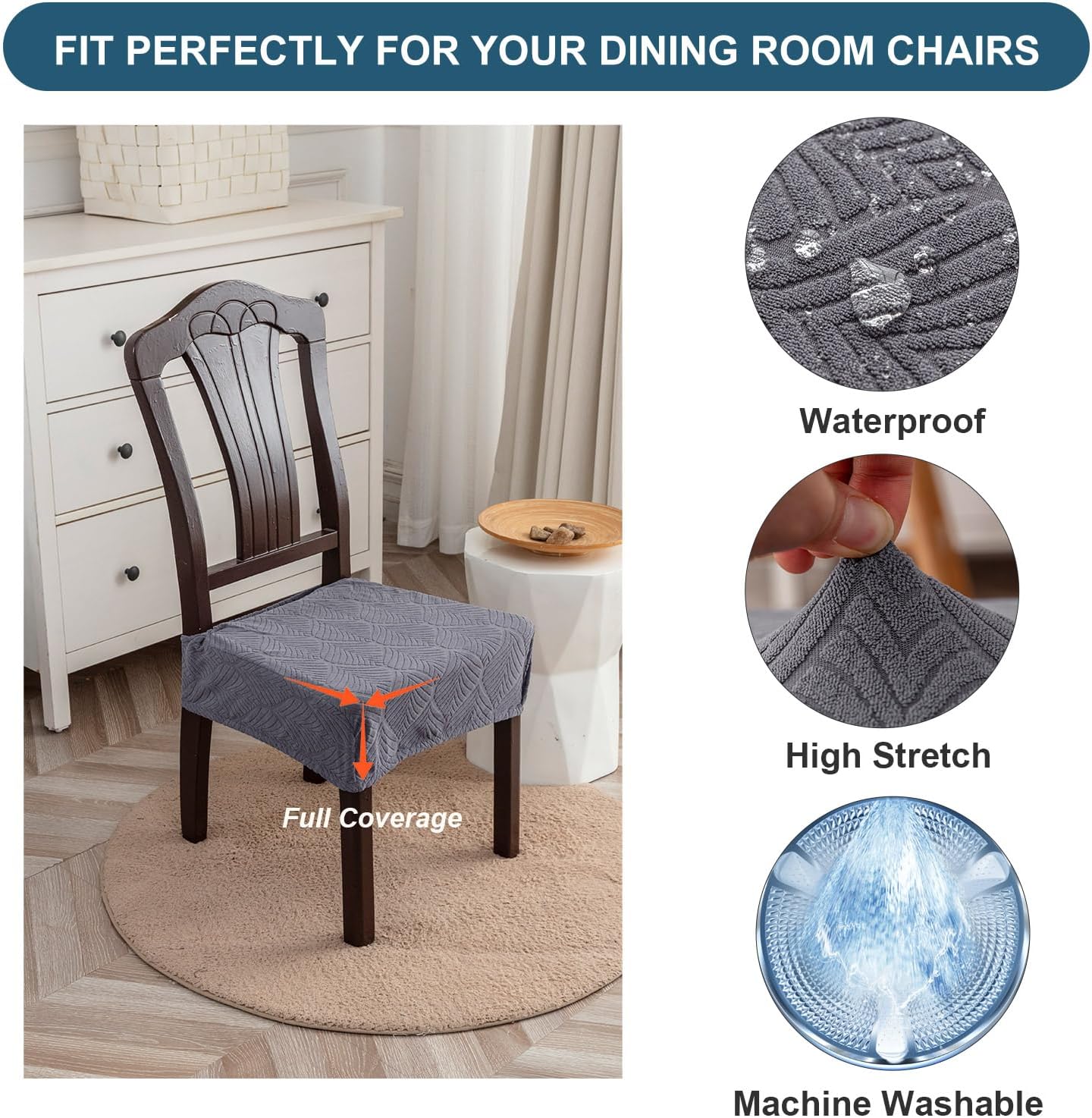Waterproof Stretch Seat Covers,Dining Room Chair for 4 Set Removable Washable Chair Slipcover Protectors,Rear Covers,Dark Grey