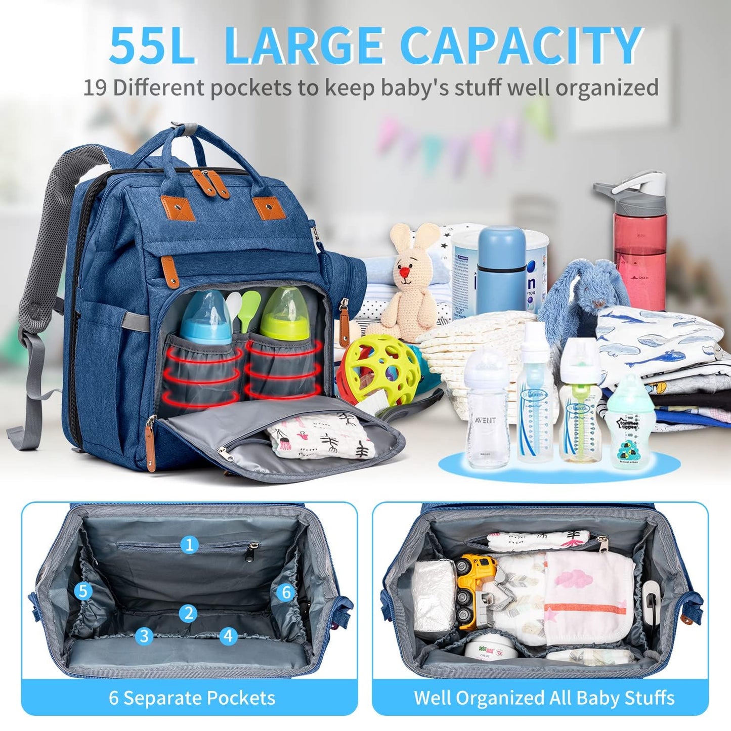 KABAQOO Diaper Bag Backpack with Detachable Changing Station, Large Capacity Baby Diaper Bags for Boys & Girls, Baby Registry Search Stuff & Shower Gifts, Newborn Essentials Must Haves, Blue